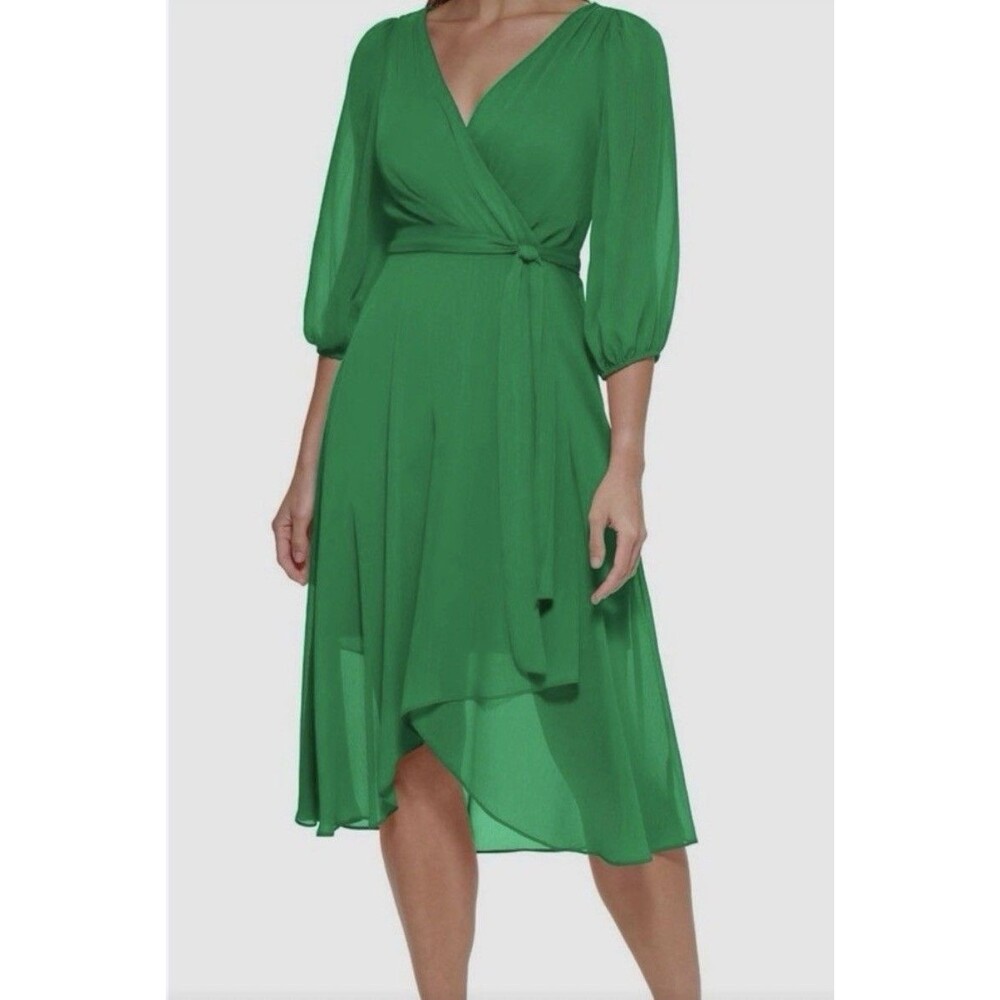 DKNY Apple Green Faux Wrap Dress NWT Belted Balloon Sleeve Size 14